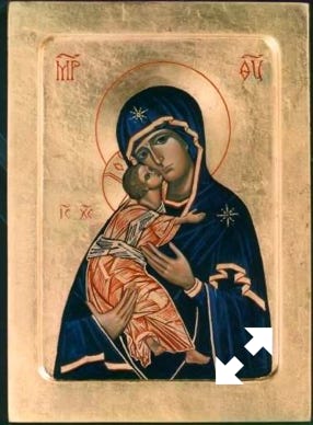 Gold leaf icon Painting by Kathryn Carrington of "vladamir-mother-of-god", another image of Mary holding the baby Jesus.