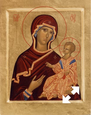 Gold leaf icon Painting by Kathryn Carrington titled "Saviour of Souls", showing Mary holding the baby Jesus.