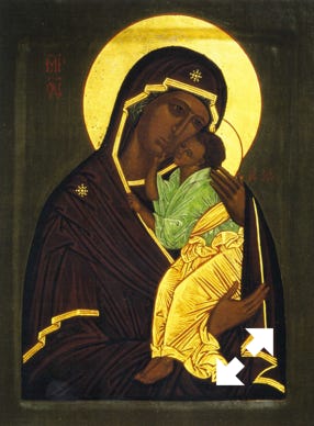 Gold leaf icon Painting by Kathryn Carrington titled "Loving Kindness", an image of Mary holding the baby Jesus.