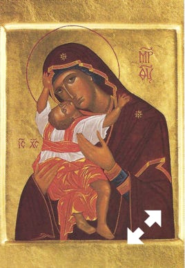 Gold leaf icon Painting by Kathryn Carrington of "Our Lady of Miracles" , shown with a shiny gold leaf background.