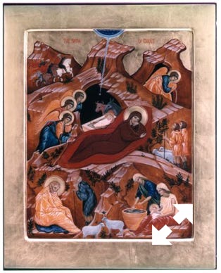 Gold leaf icon Painting by Kathryn Carrington of "The Nativity", a fancifully imagined image showing angels flying over Joseph, Mary and baby Jesus in the manger.